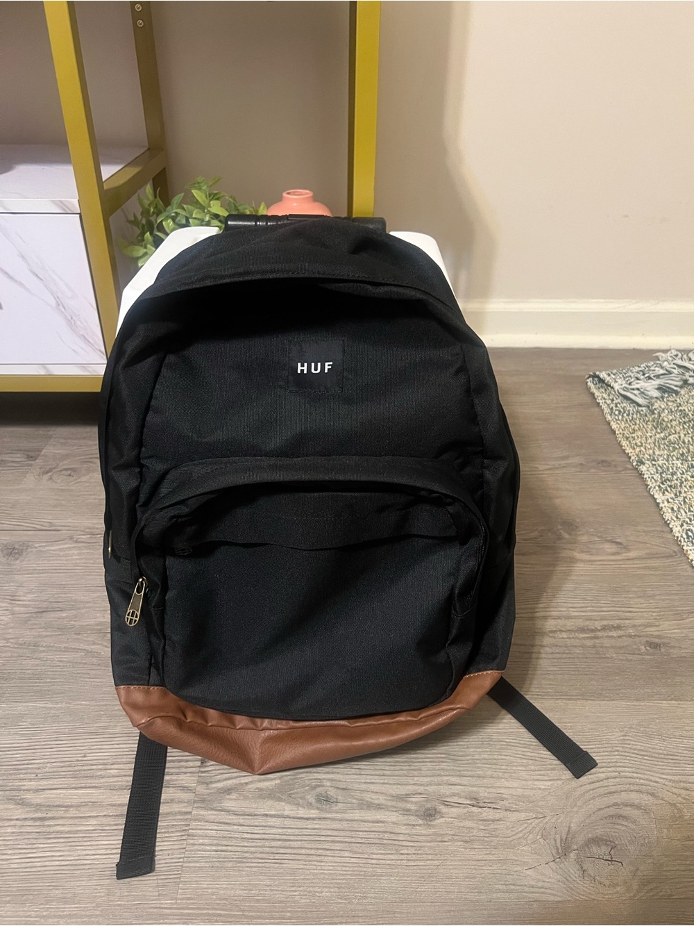 HUF Men’s Black Utility Backpack Tan Leather Bottom